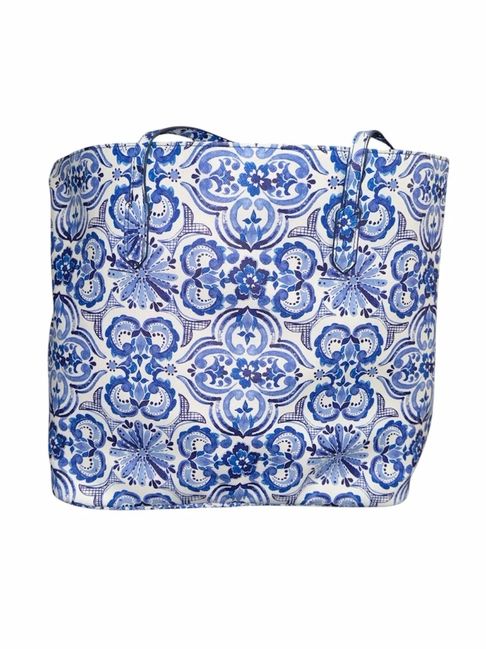 Chicos Blue And White Tile Printed Vinyl Tote Bag Coastal Beach Travel Resort